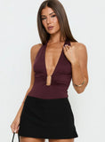 Leave Me Alone Plunge Halter Bodysuit Burgundy