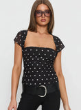 Attraction Cap Sleeve Mesh Top Black Polka
