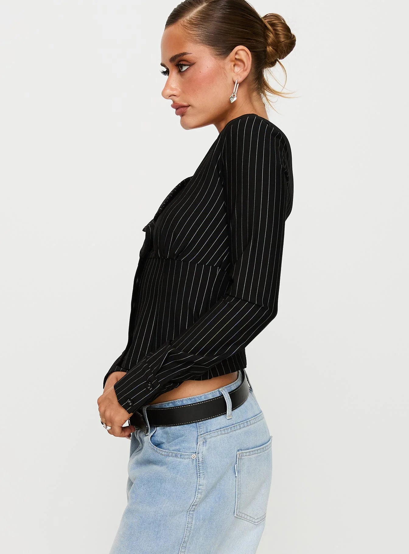 Set For Life Foldover Detail Long Sleeve Top Black White Pinstripe