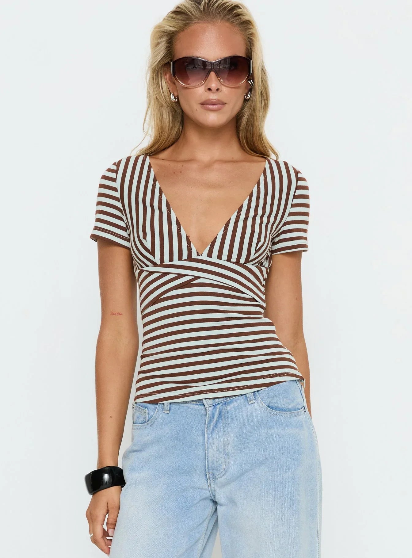 Madelon Short Sleeve Wrap Top Brown / Blue Stripe
