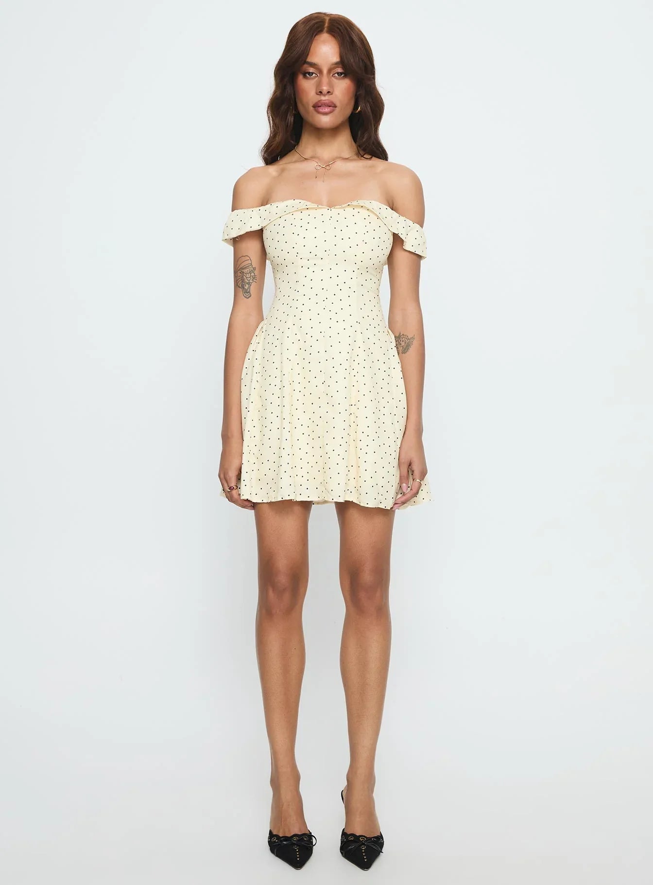 Rosebud Off The Shoulder Mini Dress Yellow Polka Dot