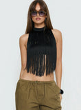 Zephyrine Fringe Asymmetrical Halter Top Black