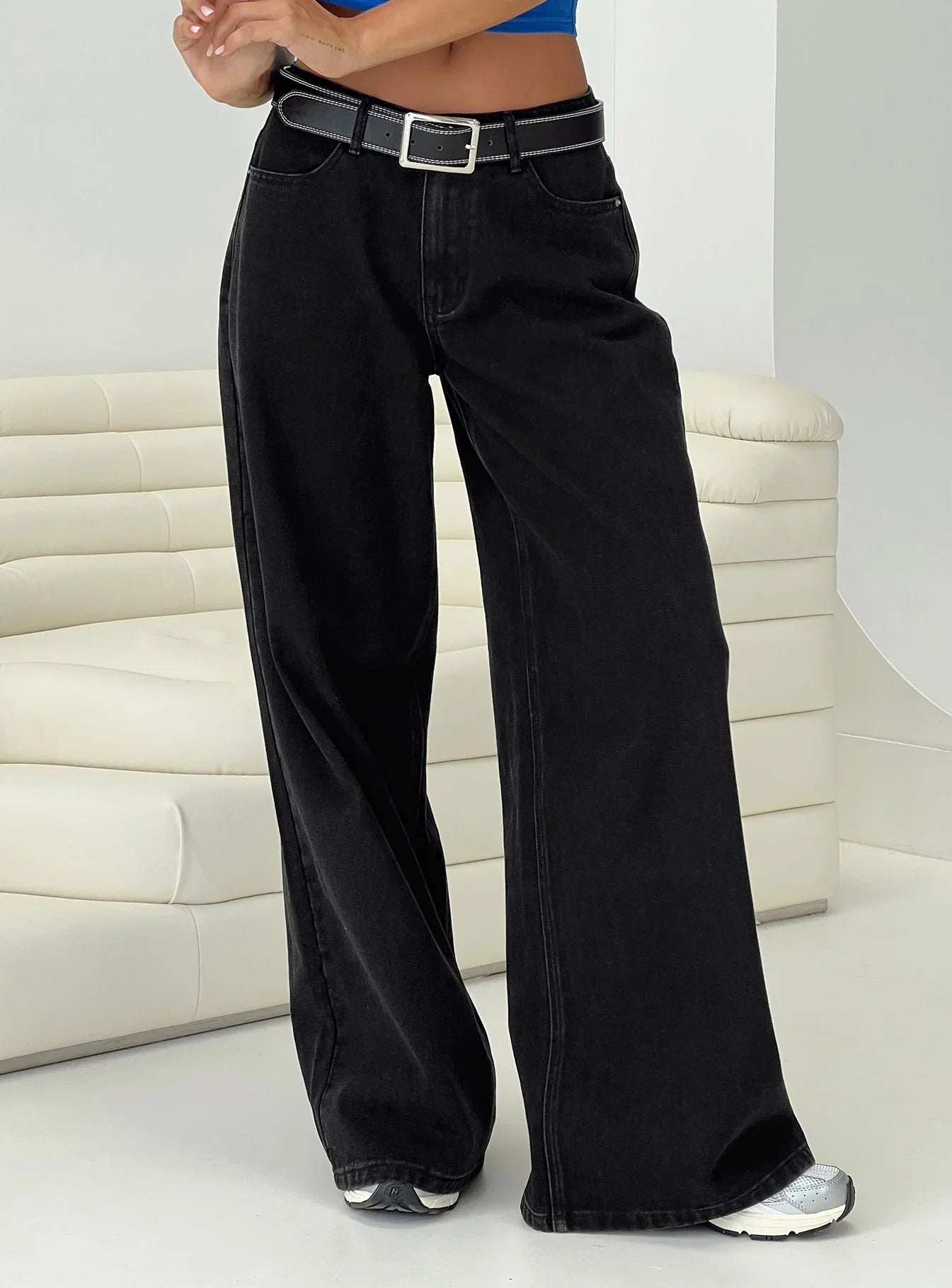 Naylor Mid Rise Wide Leg Jeans Washed Black Denim Petite