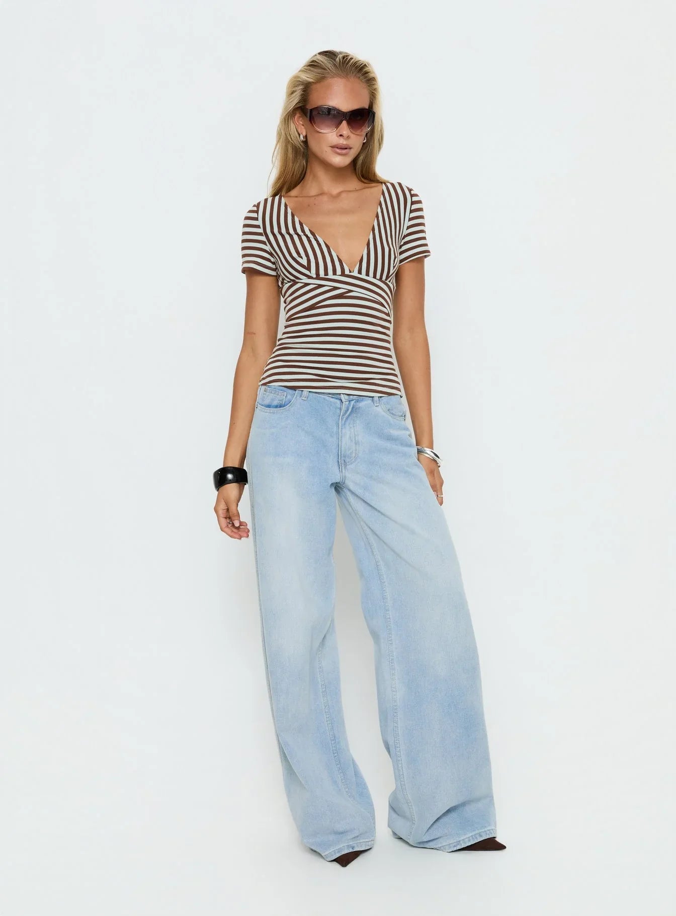 Madelon Short Sleeve Wrap Top Brown / Blue Stripe