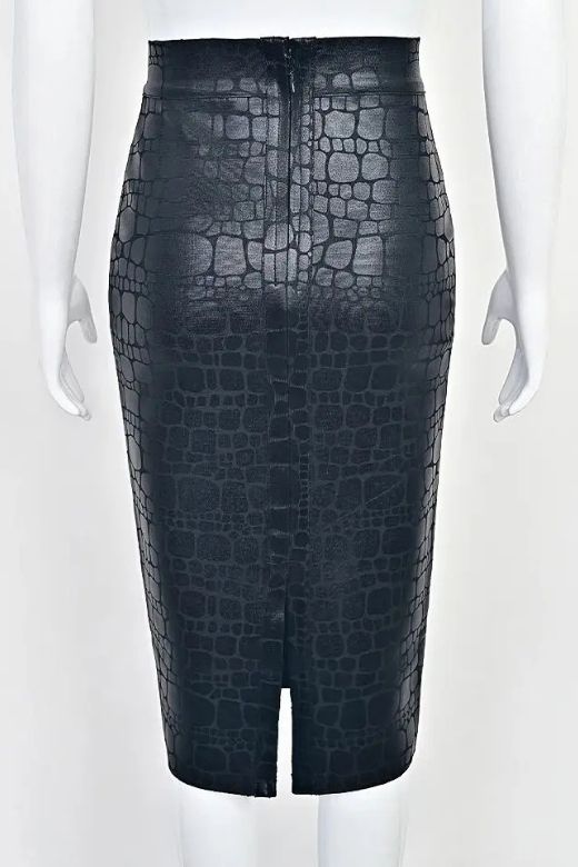High Waist Leather Pencil Skirt Midi Length Crocodile Black
