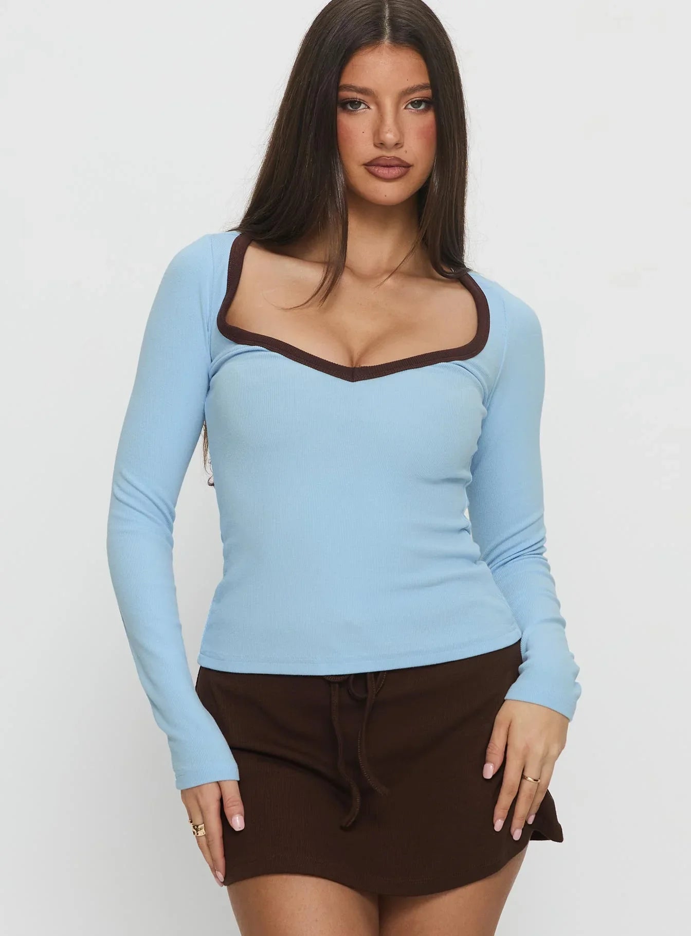 Baseline V Neck Long Sleeve Top Blue Brown
