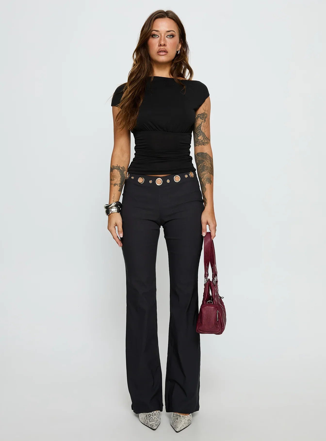 True Grit Eyelet Flare Pants Grey
