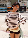 Jeanny Collared Knit Sweater Brown Pink Stripe