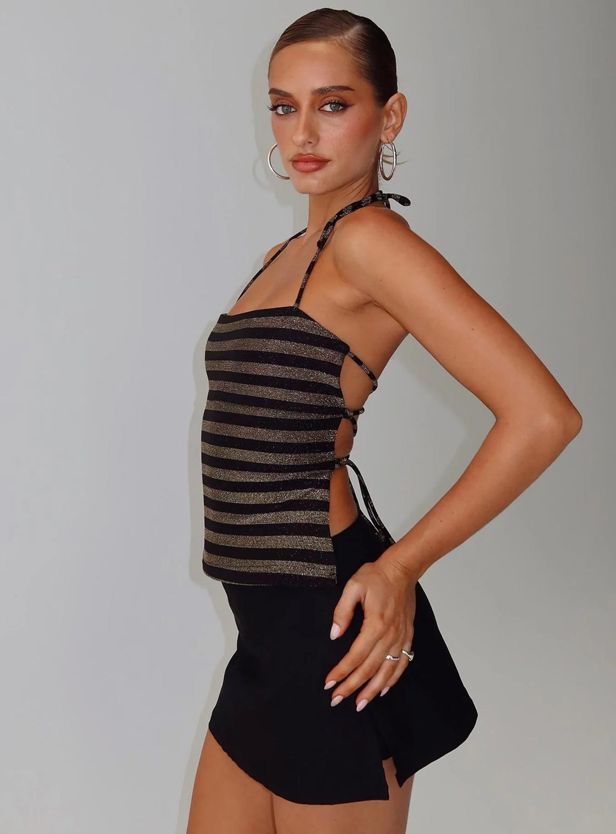 The Player Backless Tie Neck Top Gold Black Stripe