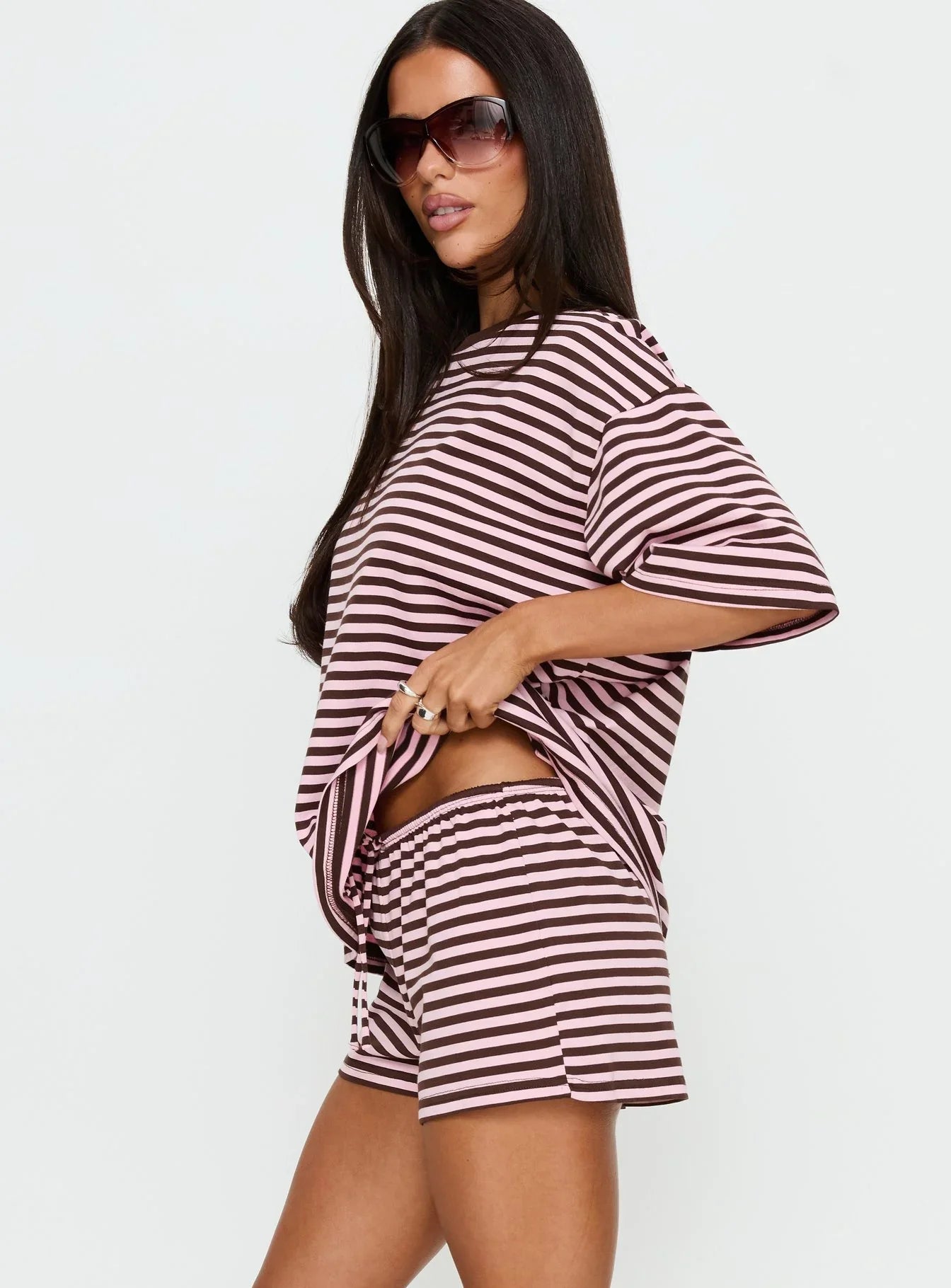 Settle Down Tie Shorts Pink / Brown Stripe