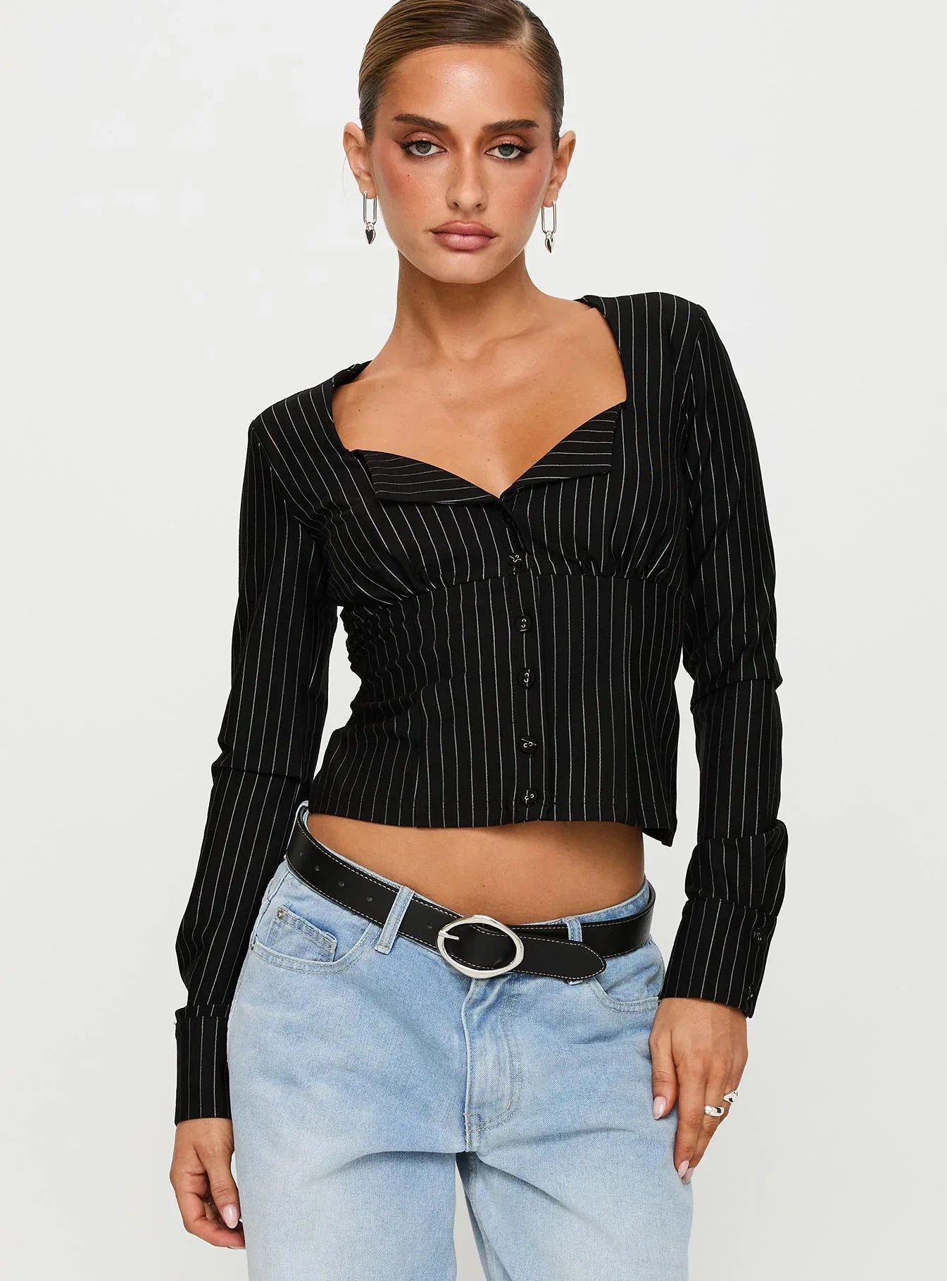 Set For Life Foldover Detail Long Sleeve Top Black White Pinstripe