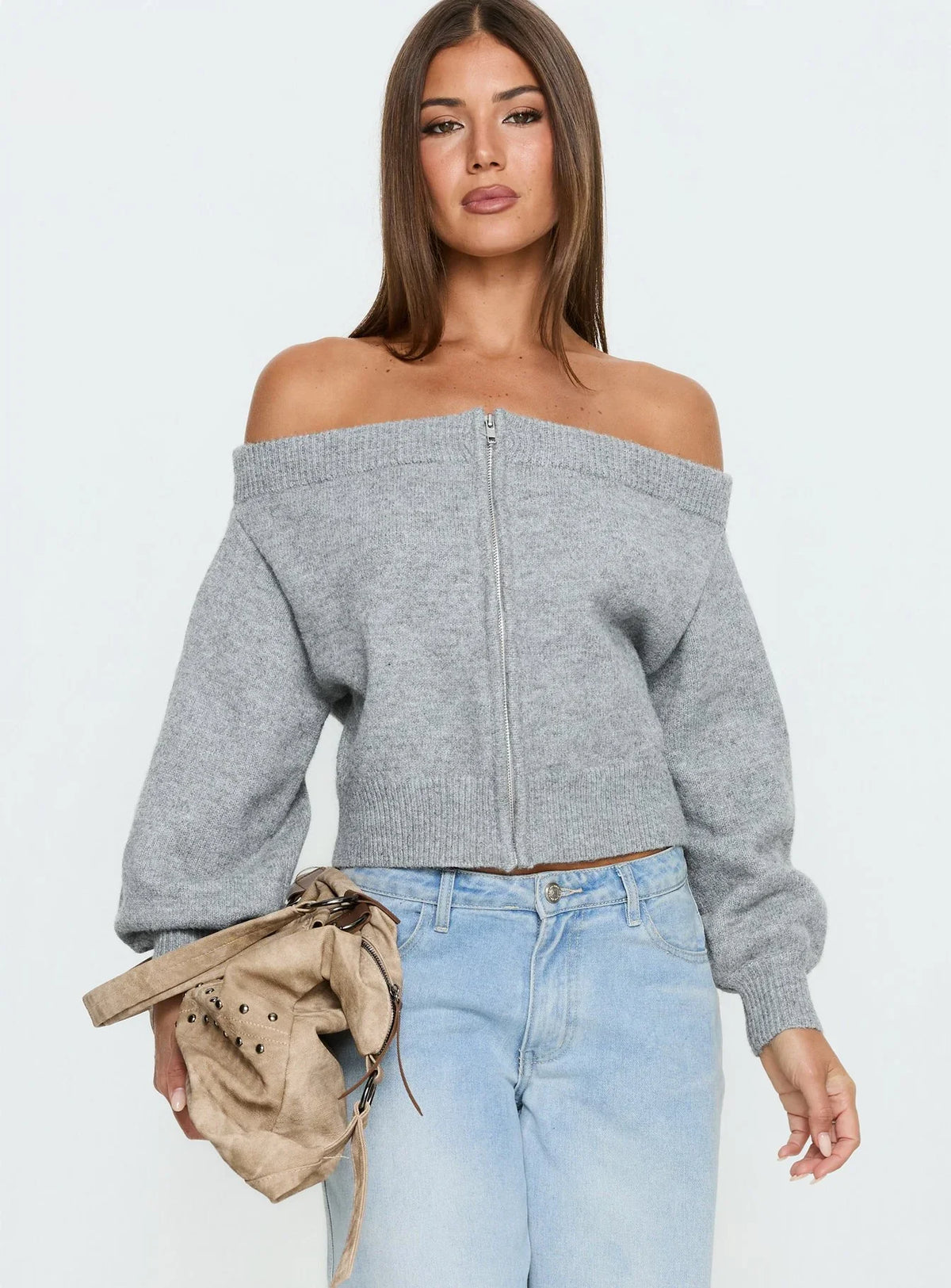 Ortensa Off Shoulder Zip Through Jumper Grey Marle