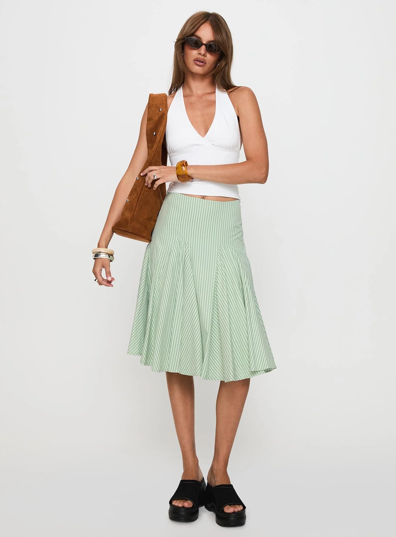 Evangaleine Pleat Midi Skirt Green White