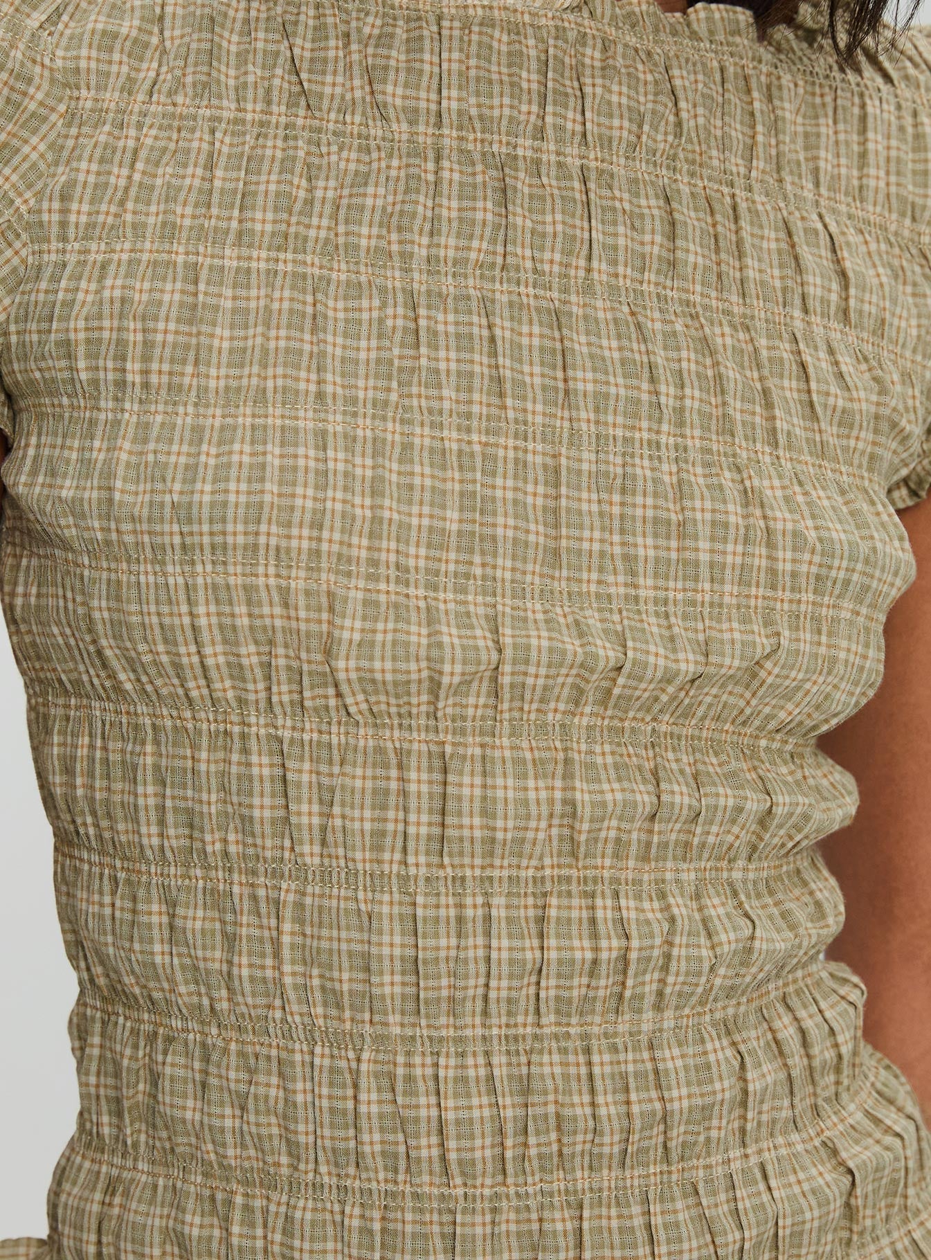 Romelle Shirred Top Green Brown Plaid