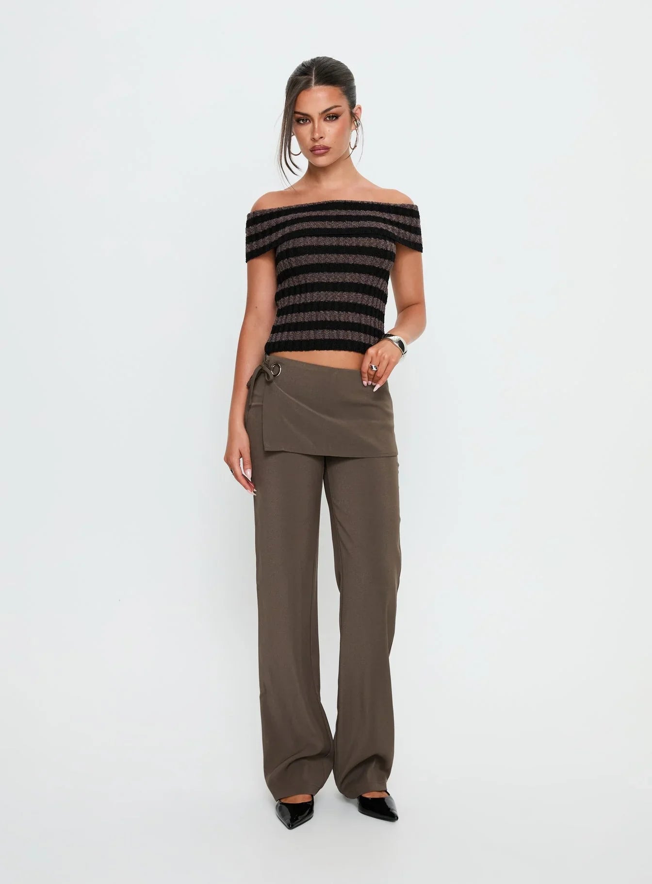 Murmur Off Shoulder Top Brown Black Stripe