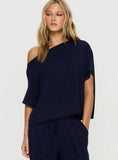 Cozy Hour Sleep Relaxed Off Shoulder Top Navy