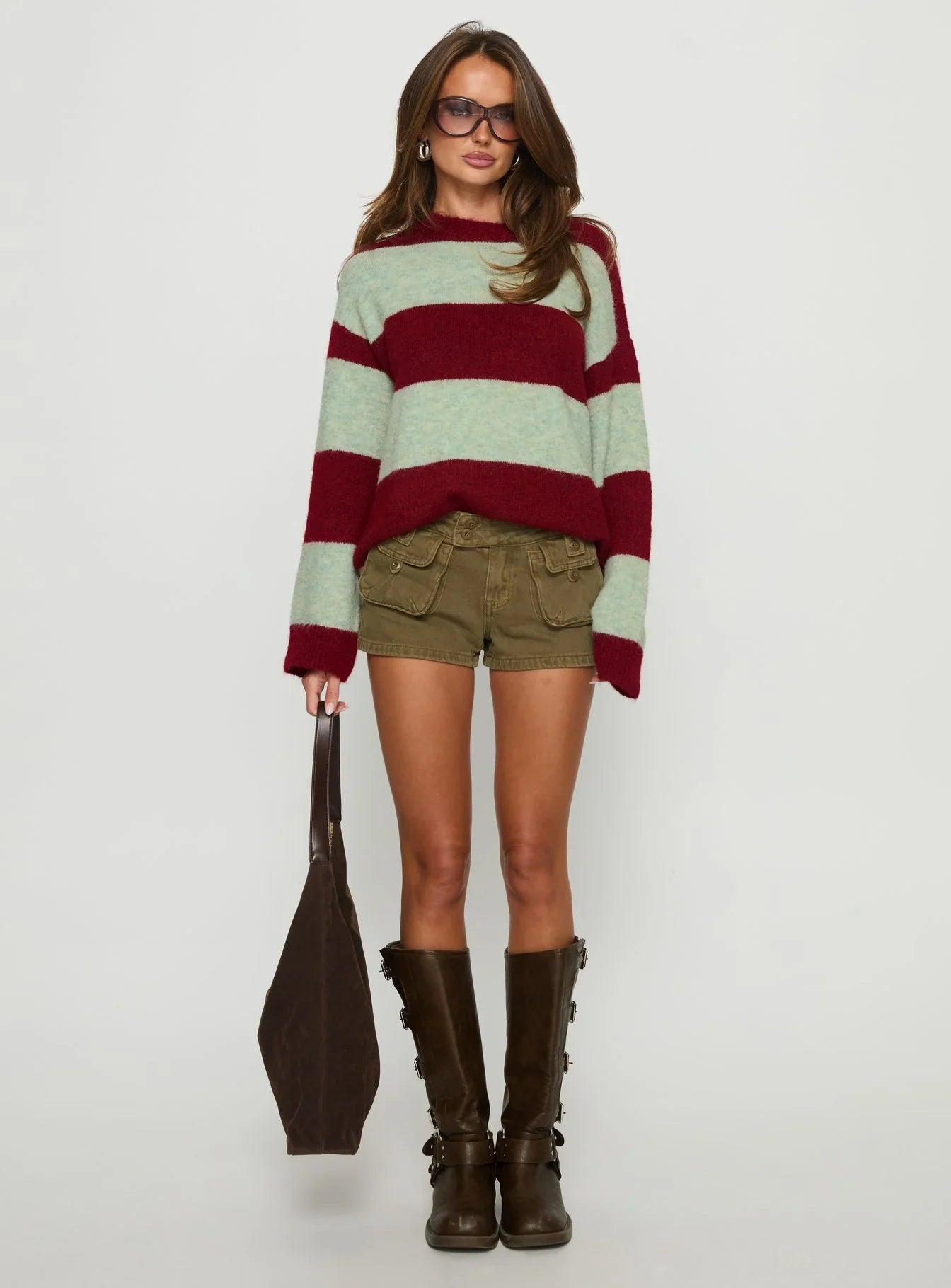 Nesha Fluffy Knit Sweater Red Blue Stripe