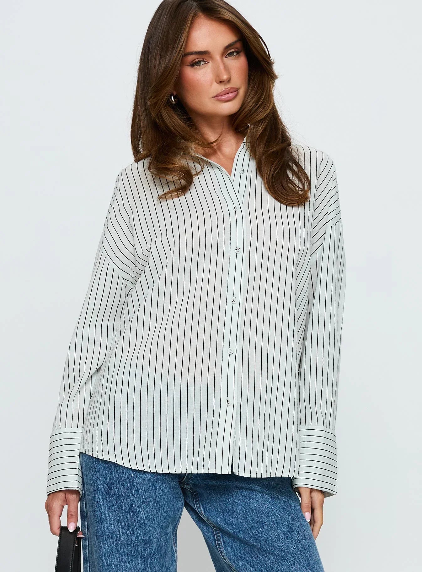 Alexi Long Sleeve Button Down Top Blue Brown Stripe