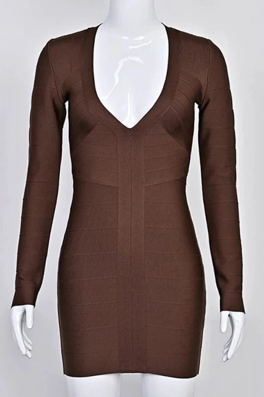 Lisa Long Sleeve Bandage Mini Dress Chocolate Brown