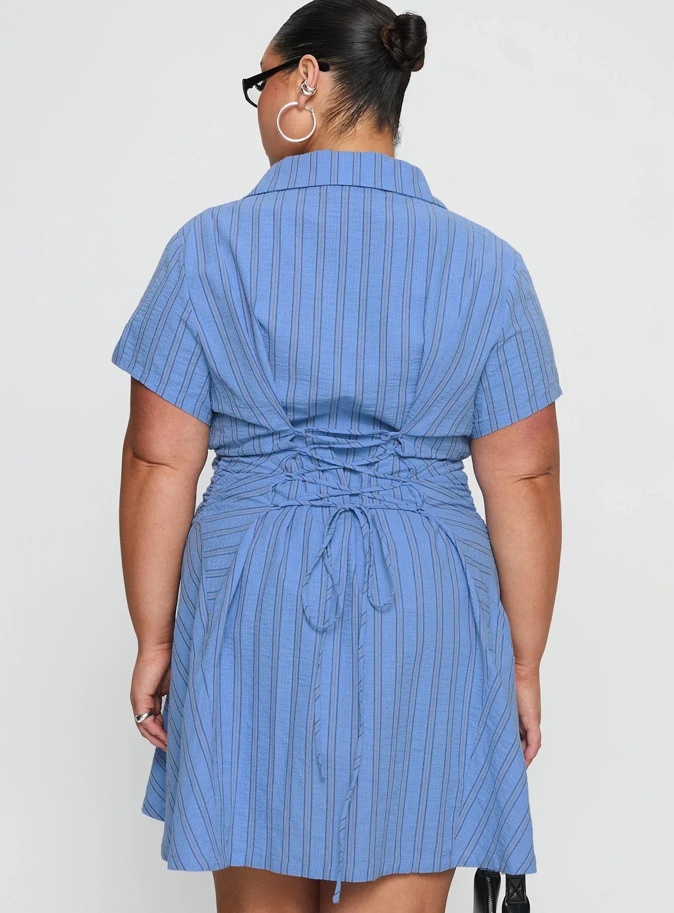 Saydie Button Down Mini Dress Blue Stripe Curve