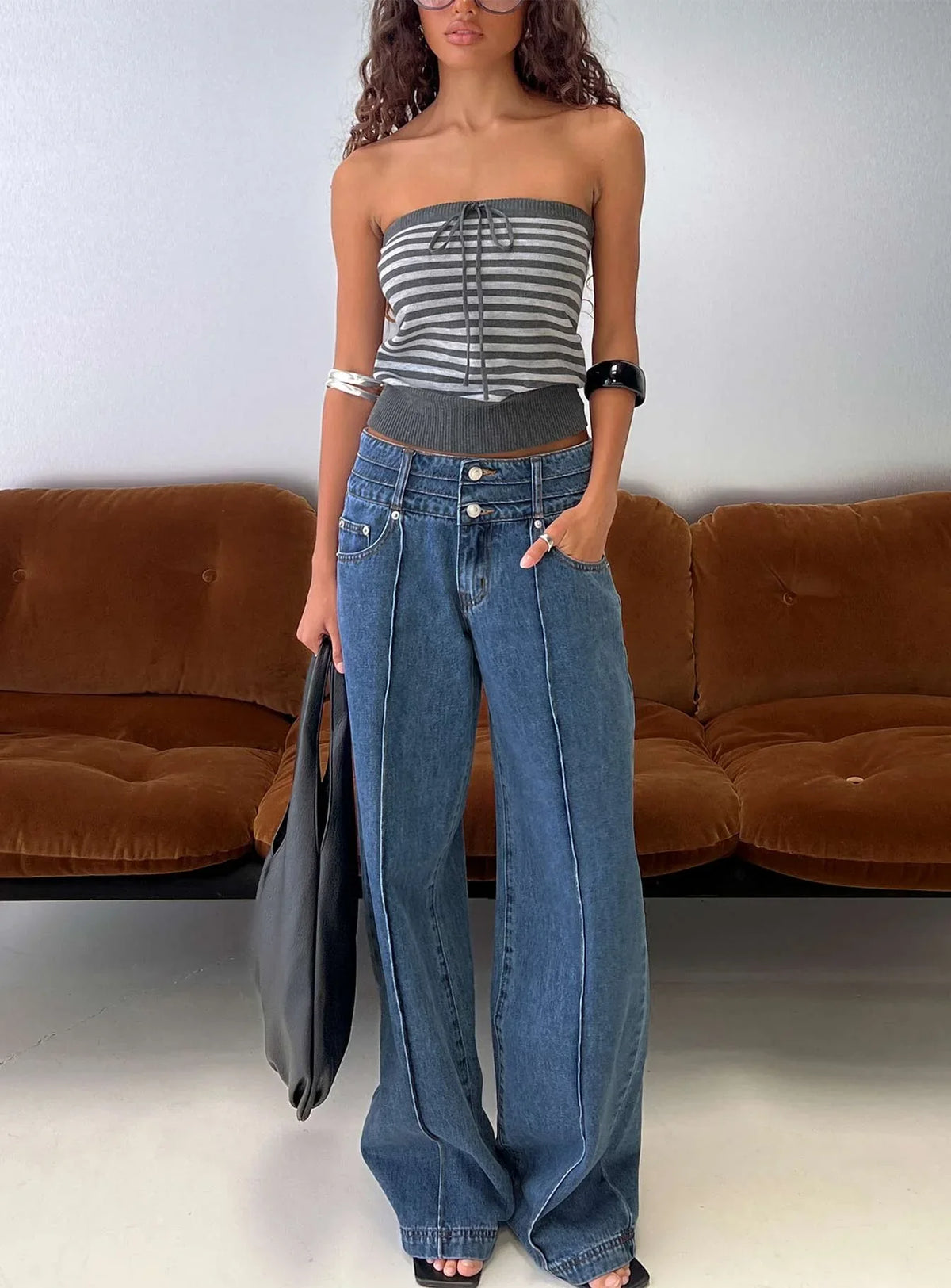 Hannalee Low Rise Wide Leg Jeans Mid Blue Wash