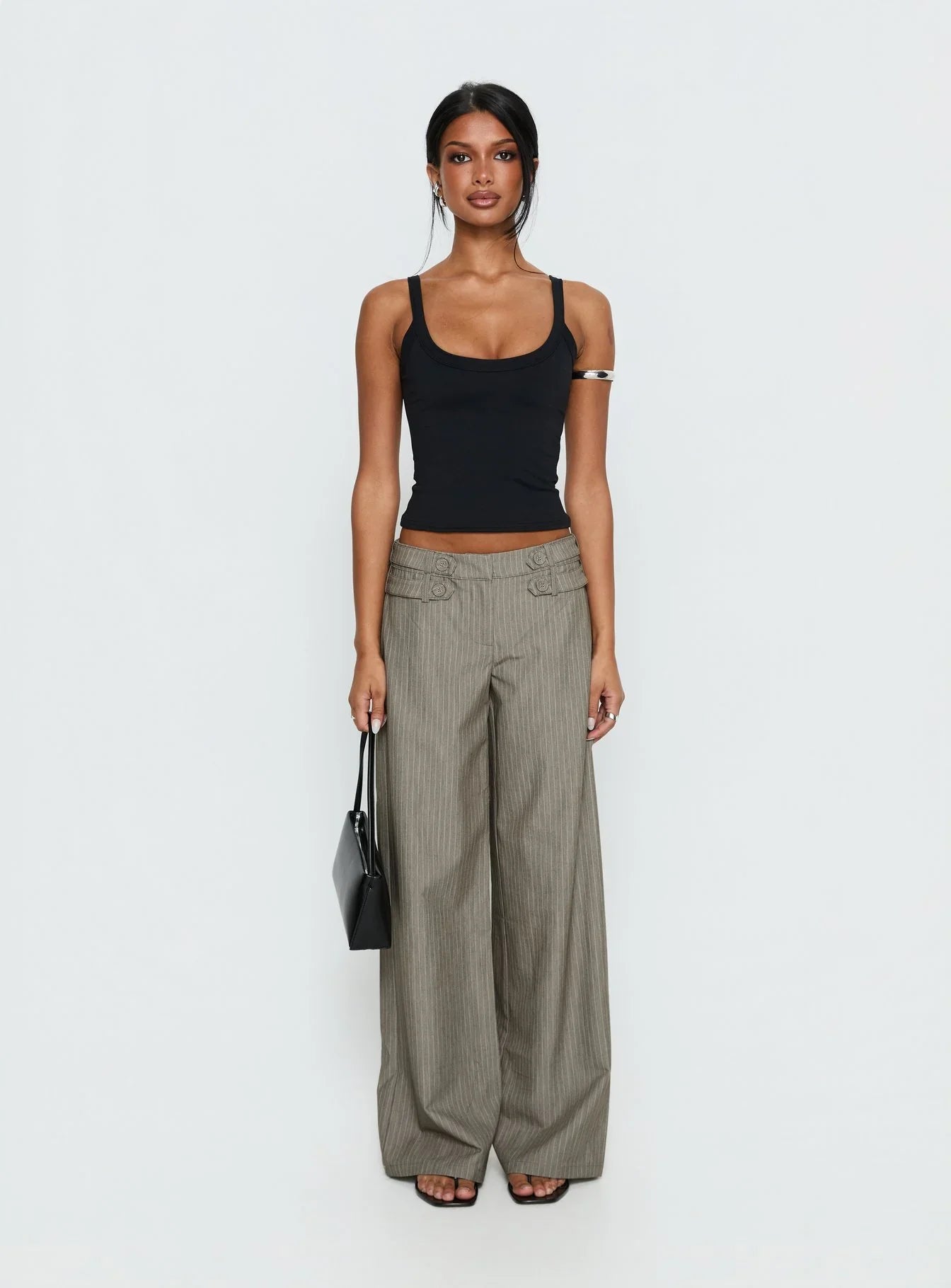 Jette Tailored Buckle Pant Taupe Pinstripe