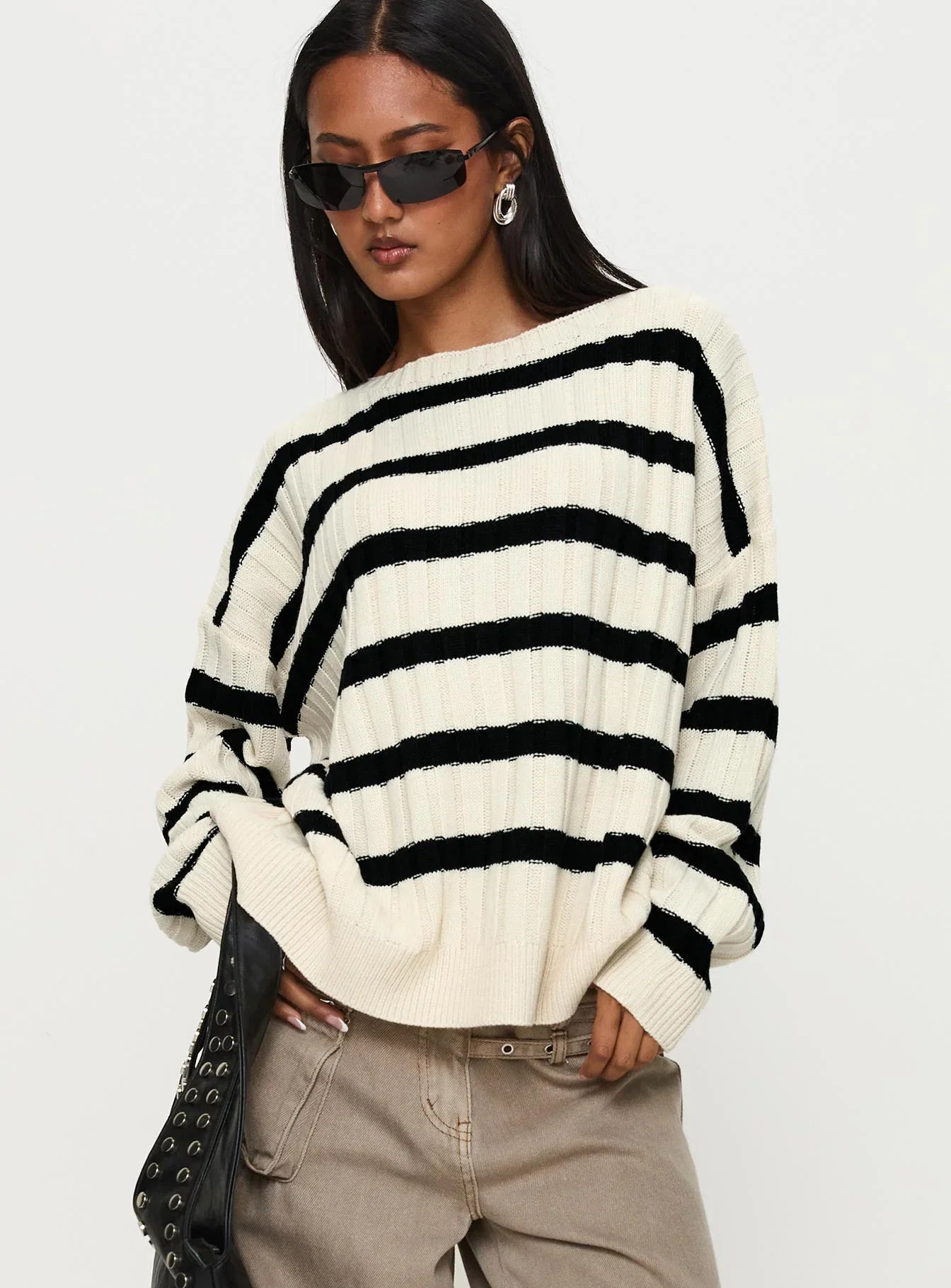 Elenita Wide Neck Knit Sweater Black White