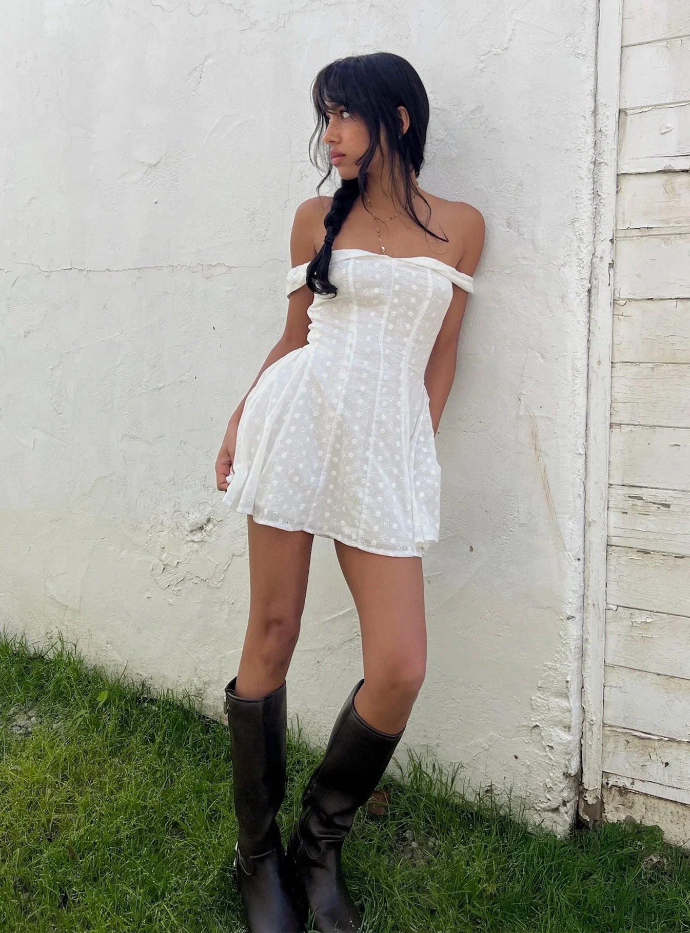 Rosebud Broderie Off The Shoulder Mini Dress White