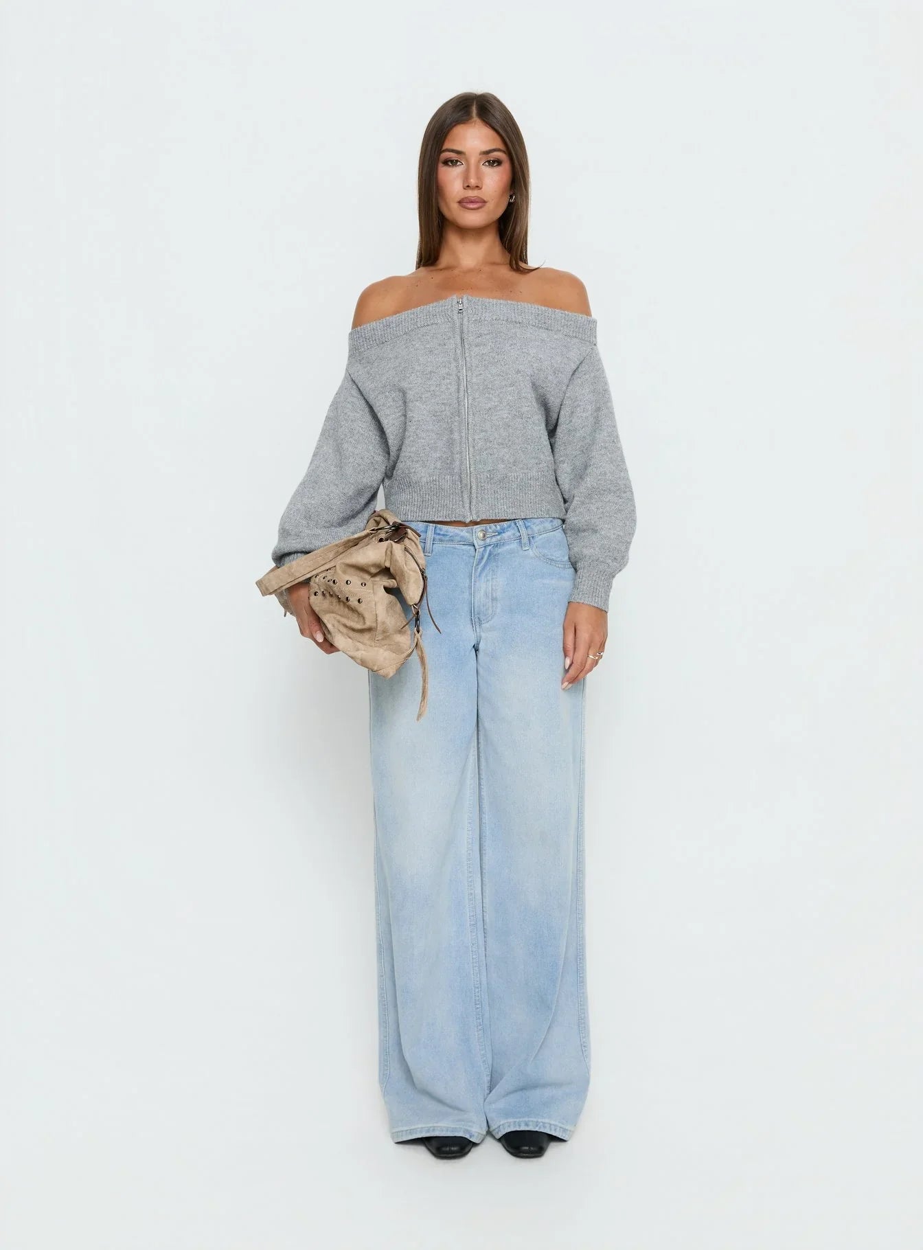 Ortensa Off Shoulder Zip Through Jumper Grey Marle