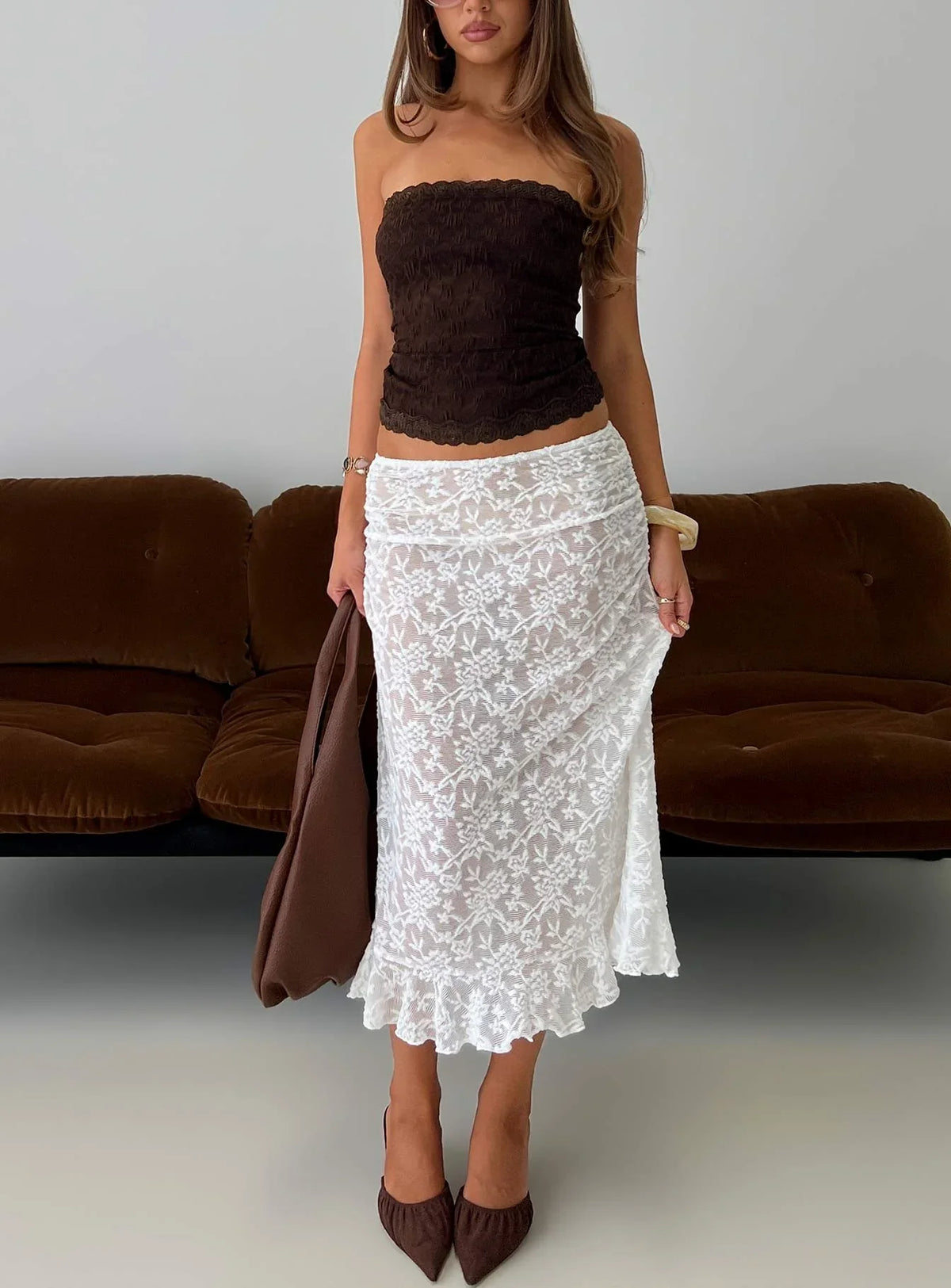 Toscani Lace Frill Midi Skirt White