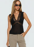 Noven Tie Back Lace Trim Top Black