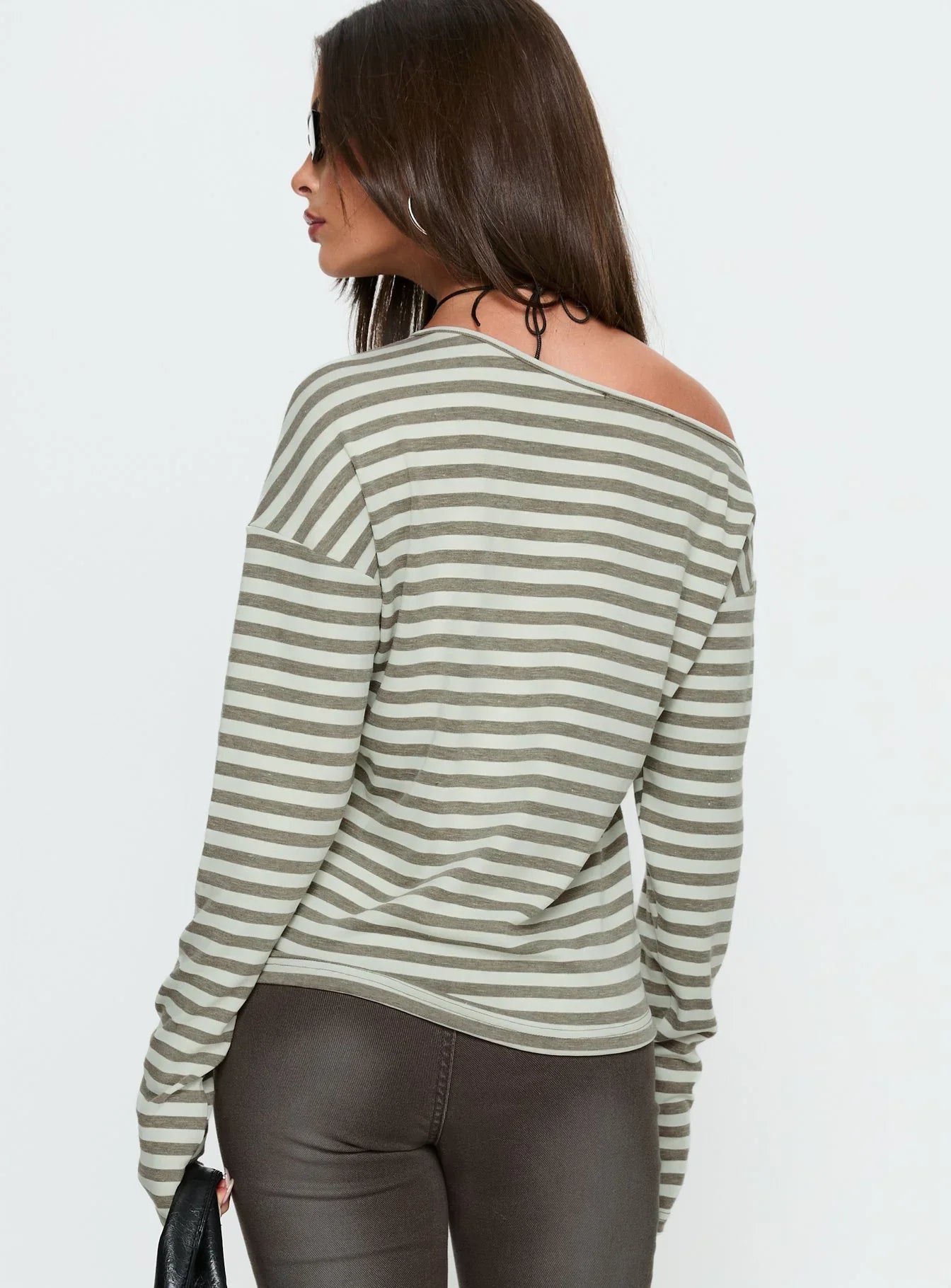 Lenorah Off Shoulder Long Sleeve Top Grey Stripe