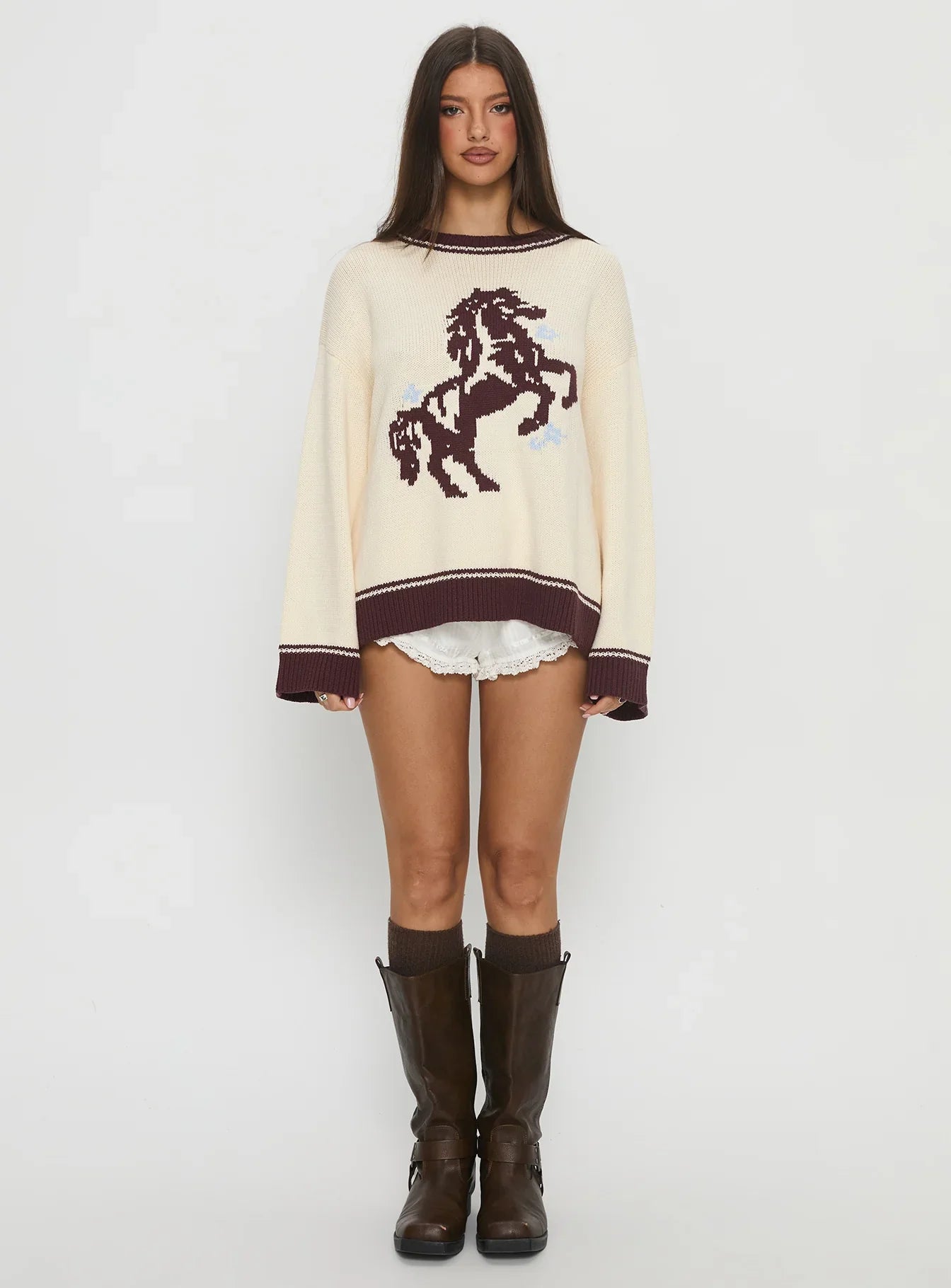 Rhianonn Horse Graphic Knit Sweater Cream Brown
