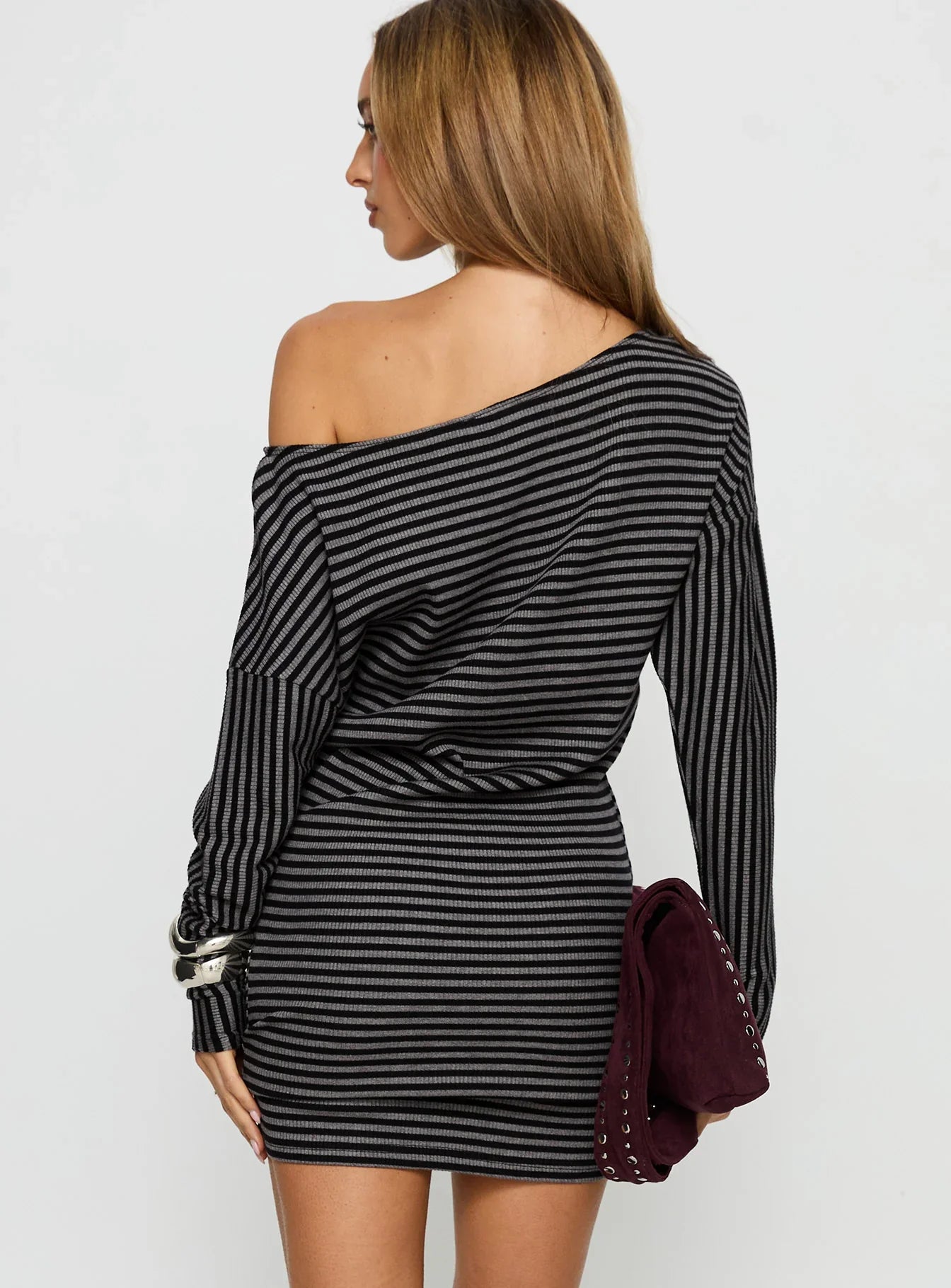 Alayne Long Sleeve Knit Mini Dress Black Grey Stripe