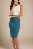 Pencil High Waist Bandage Knee Length Skirt Teal Blue