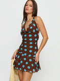 Karolie Halter Plunge Mini Dress Brown Blue Polka Dot