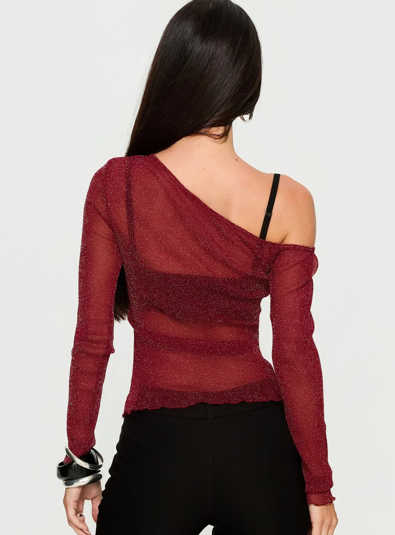 Zondra Sheer One Shoulder Top Burgundy Shimmer