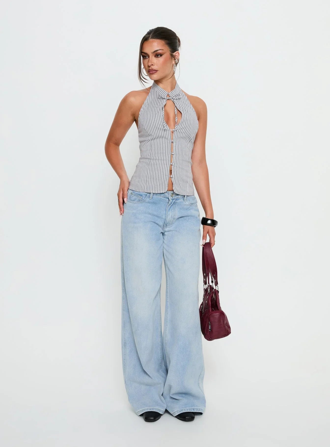 Tiarra Keyhole Sleeveless Top White Stripe