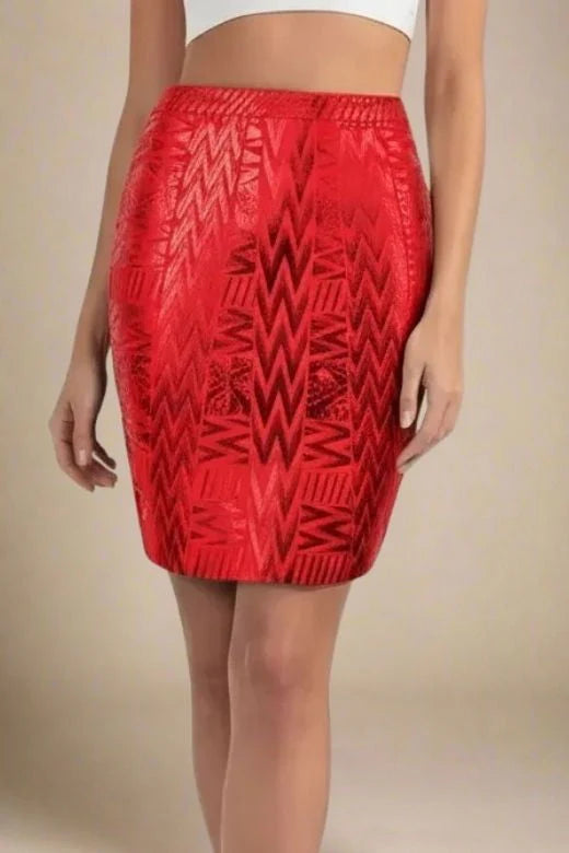 High Waist Metallic Leather Mini Skirt Lipstick Red