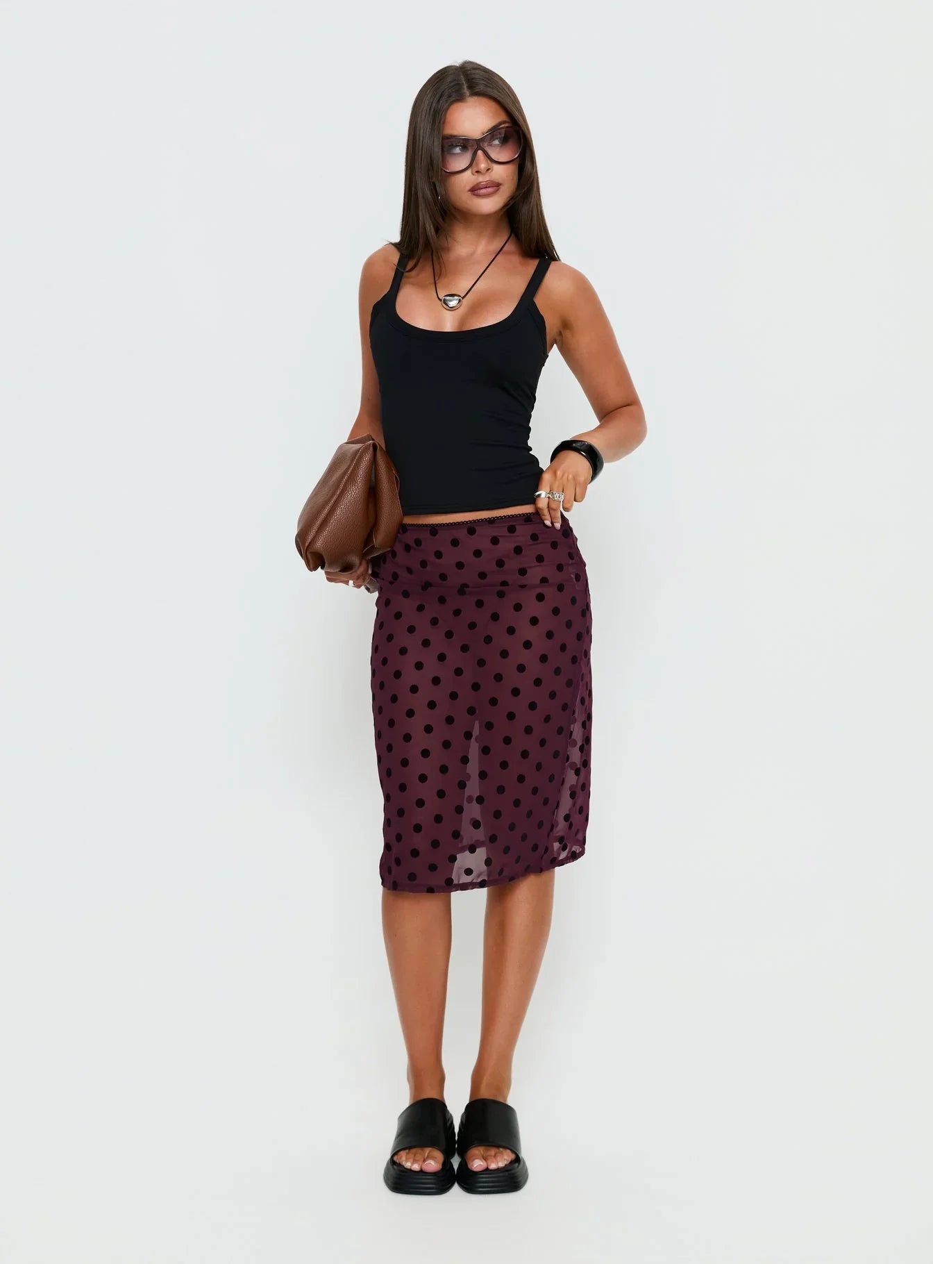 Evani Sheer Chiffon Midi Skirt Polka Maroon