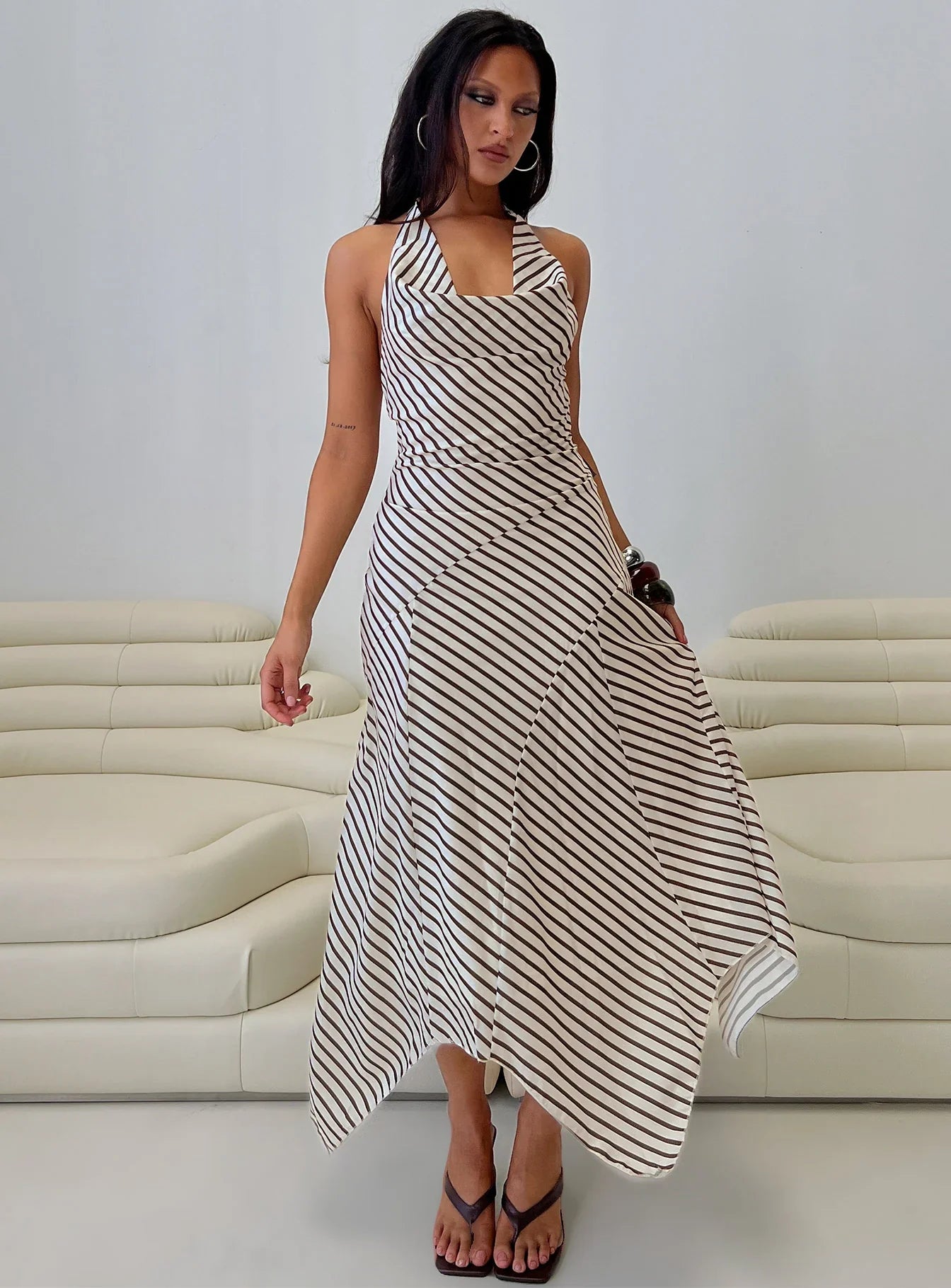 Junipa Halter Asymmetrical Maxi Dress White Stripe