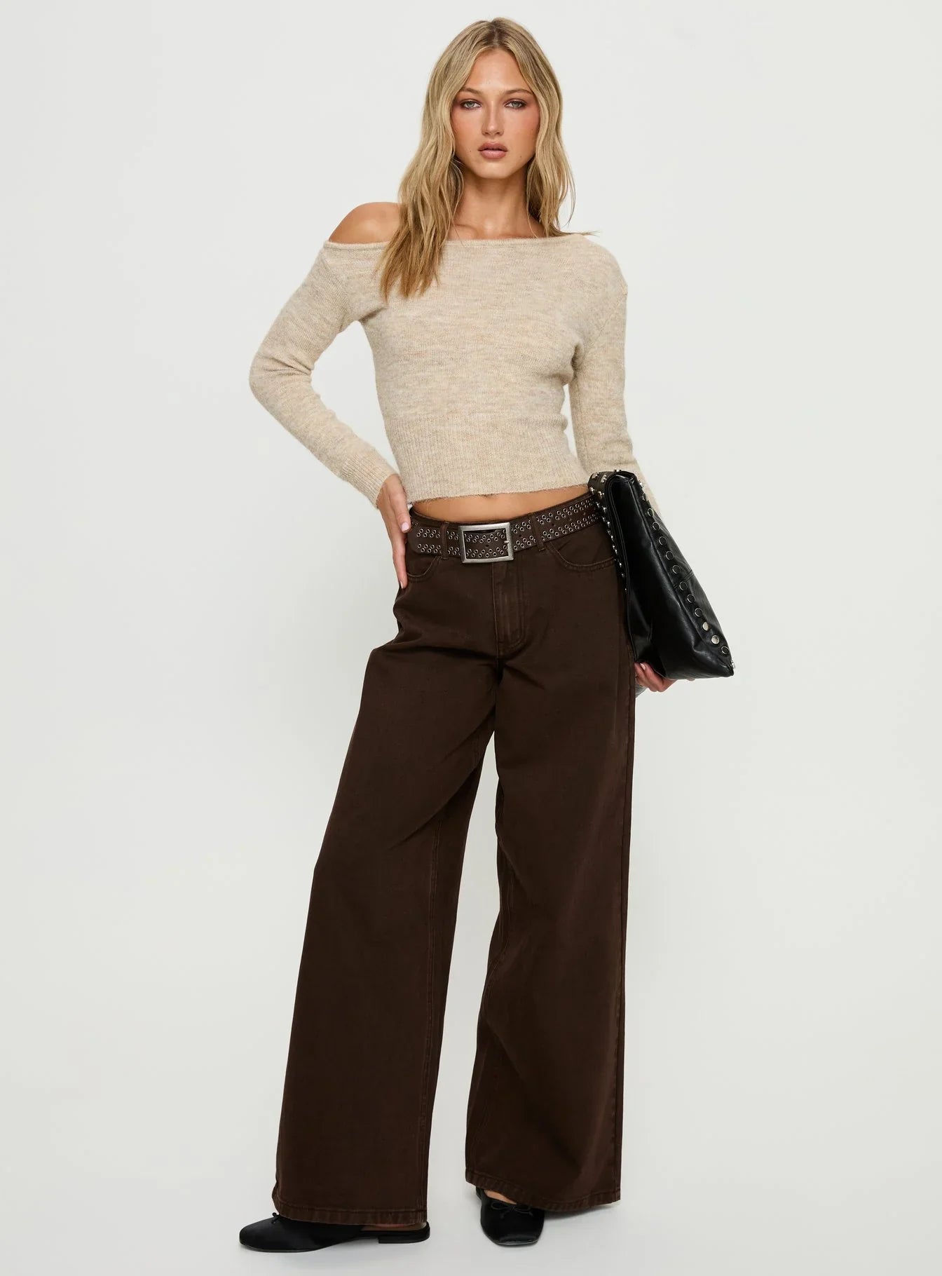 Selbey Fluffy Cinched Waist Off Shoulder Top Cream Marle