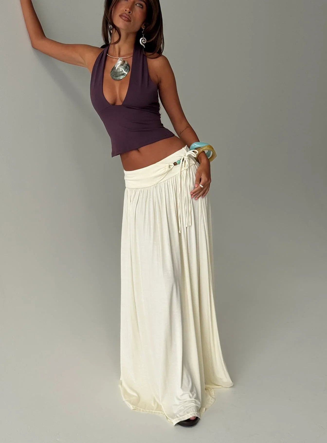 Velvet Storm Tie Detail Flowy Maxi Skirt Cream