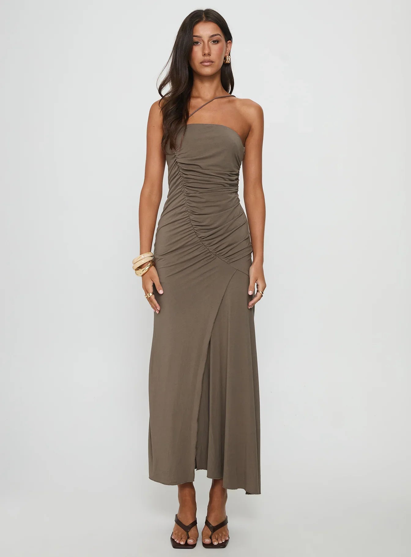 Romanie One Shoulder Ruched Maxi Dress Taupe