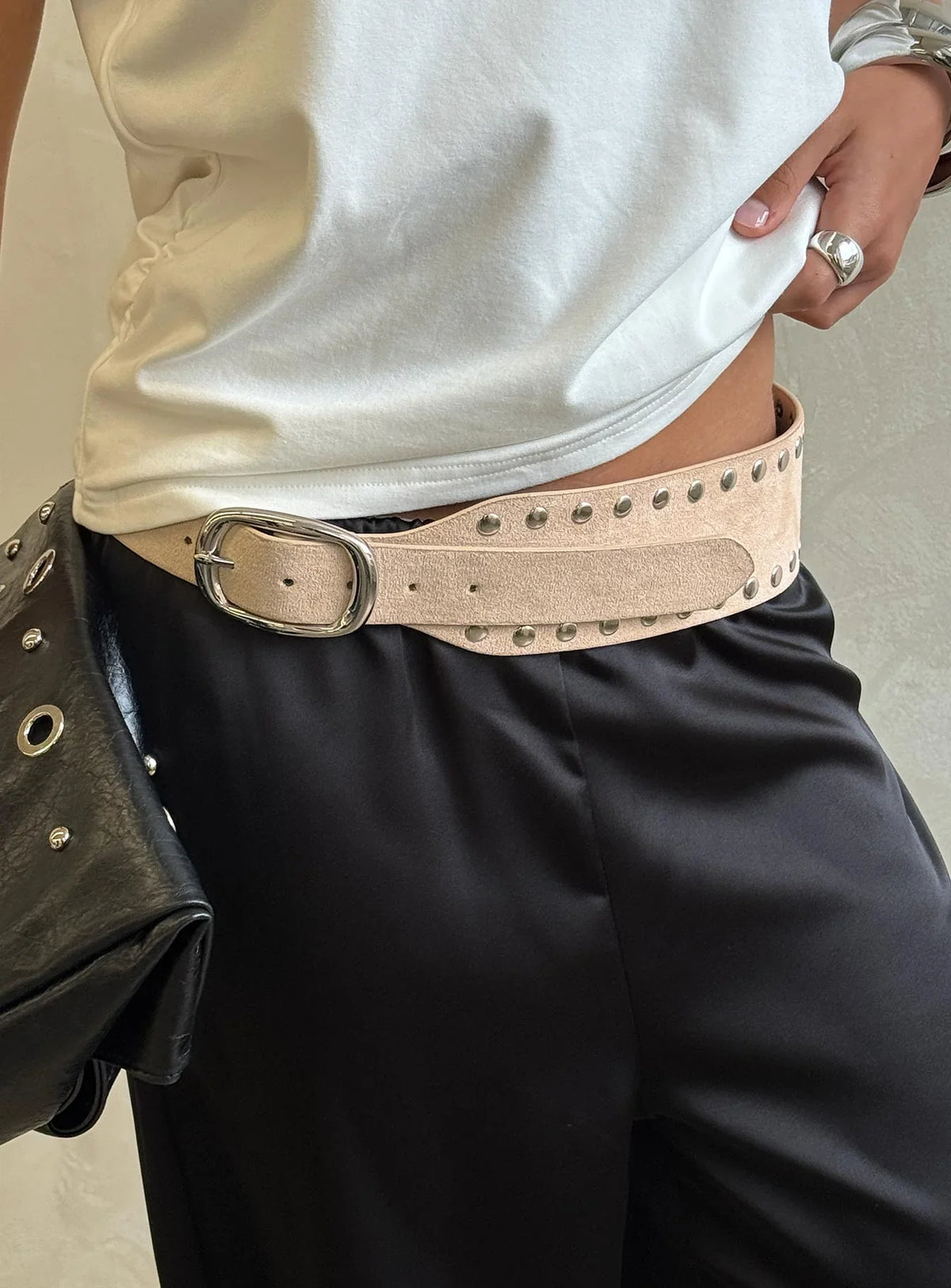 Spheres Stud Belt Beige Silver
