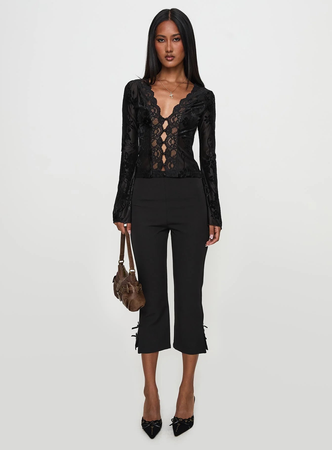 Find An Angel Long Sleeve Lace Trim Top Black