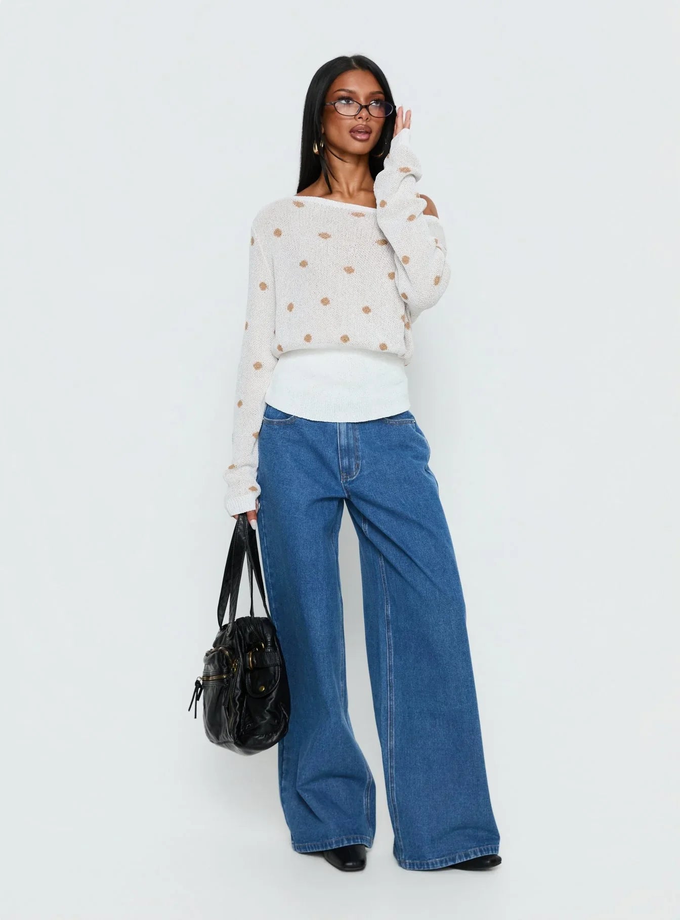 Harvy Off Shoulder Knit Sweater White Polka