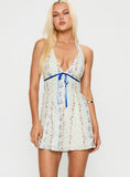 Jasmynne Halter Mini Dress White Blue