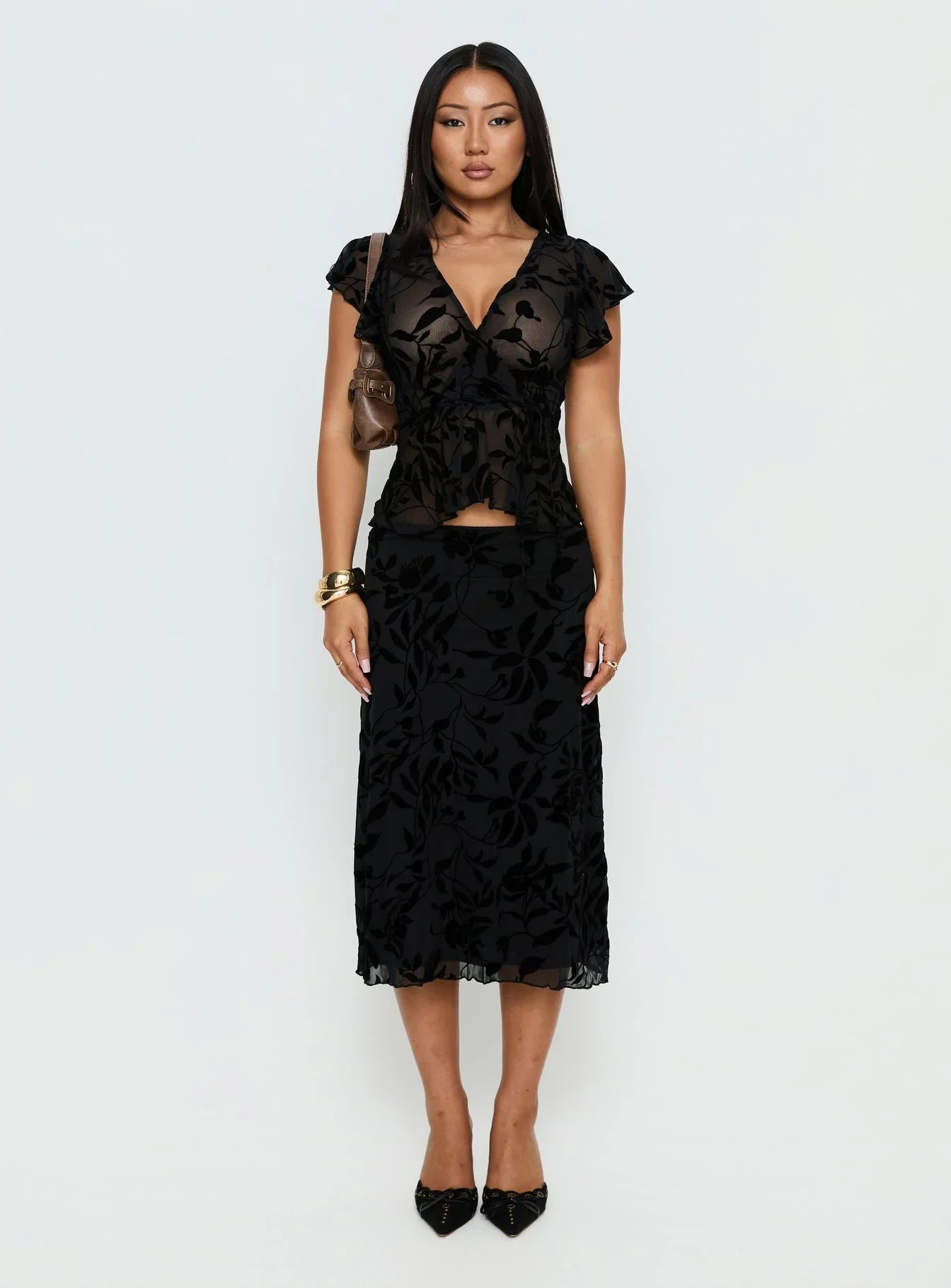 Atira Midi Skirt Leaf Flower Black