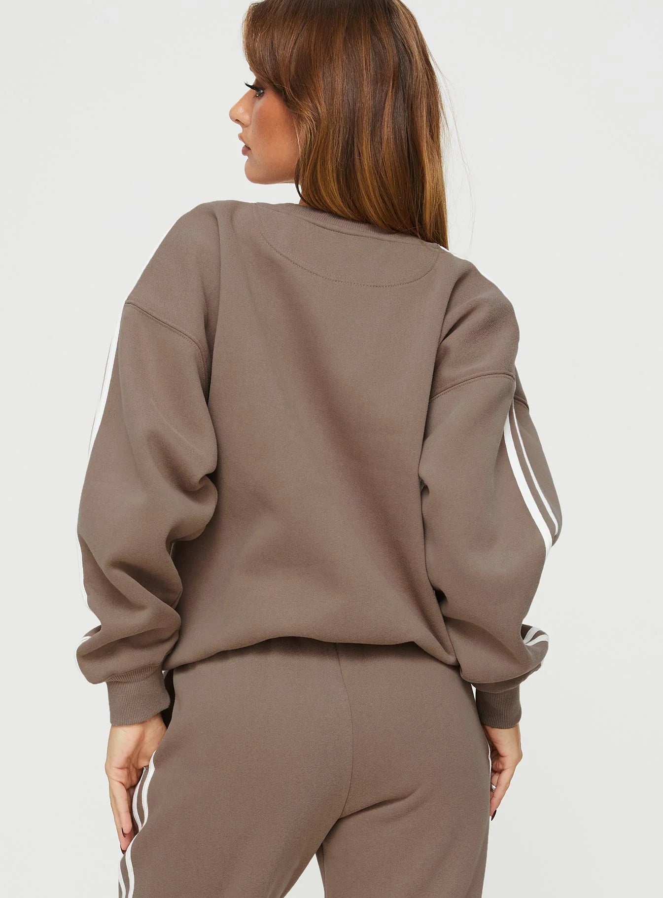 Princess Polly Crew Neck Sweatshirt Stripe Taupe White